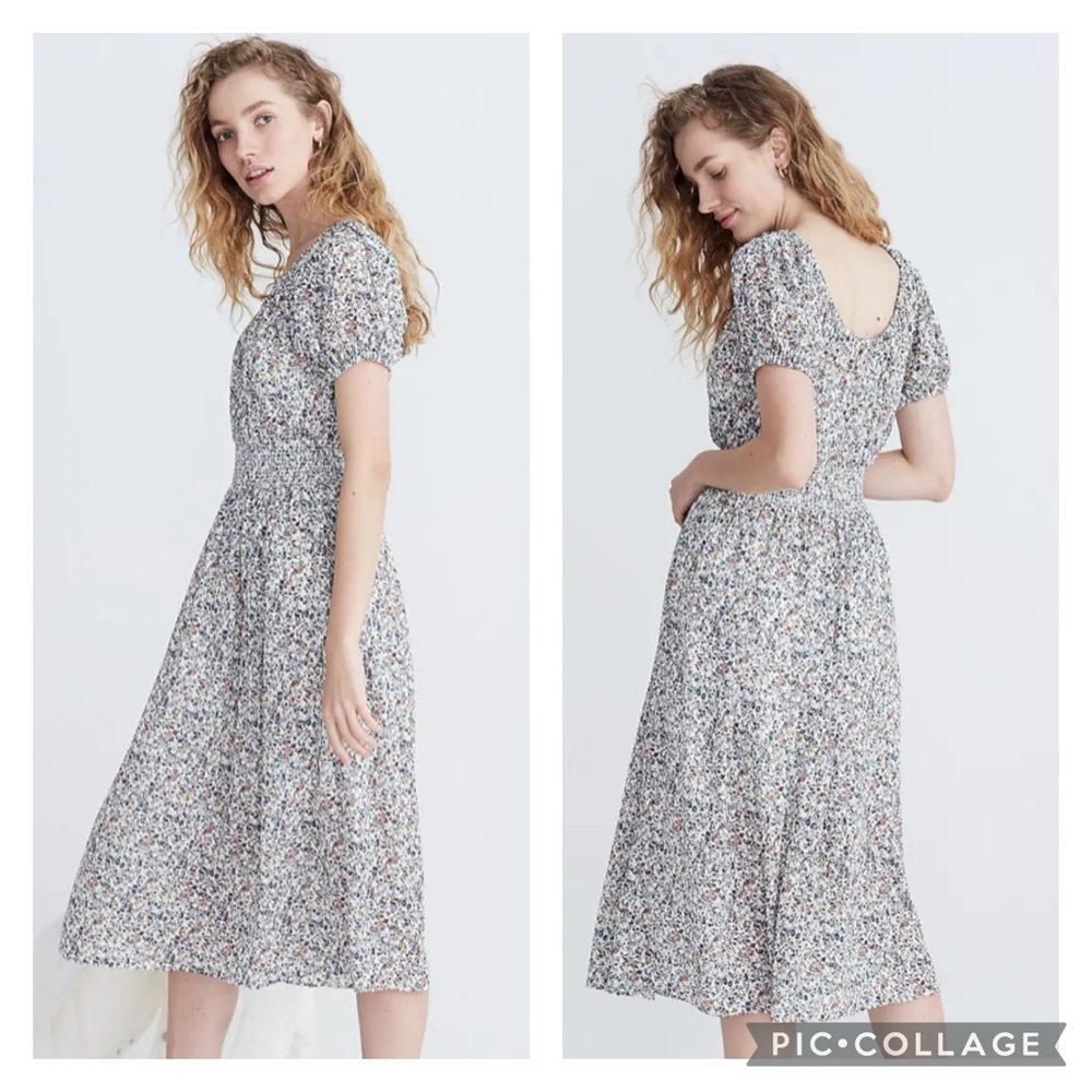 Madewell Smock Waist Peasant Dress Floral Print Size Medium Midi